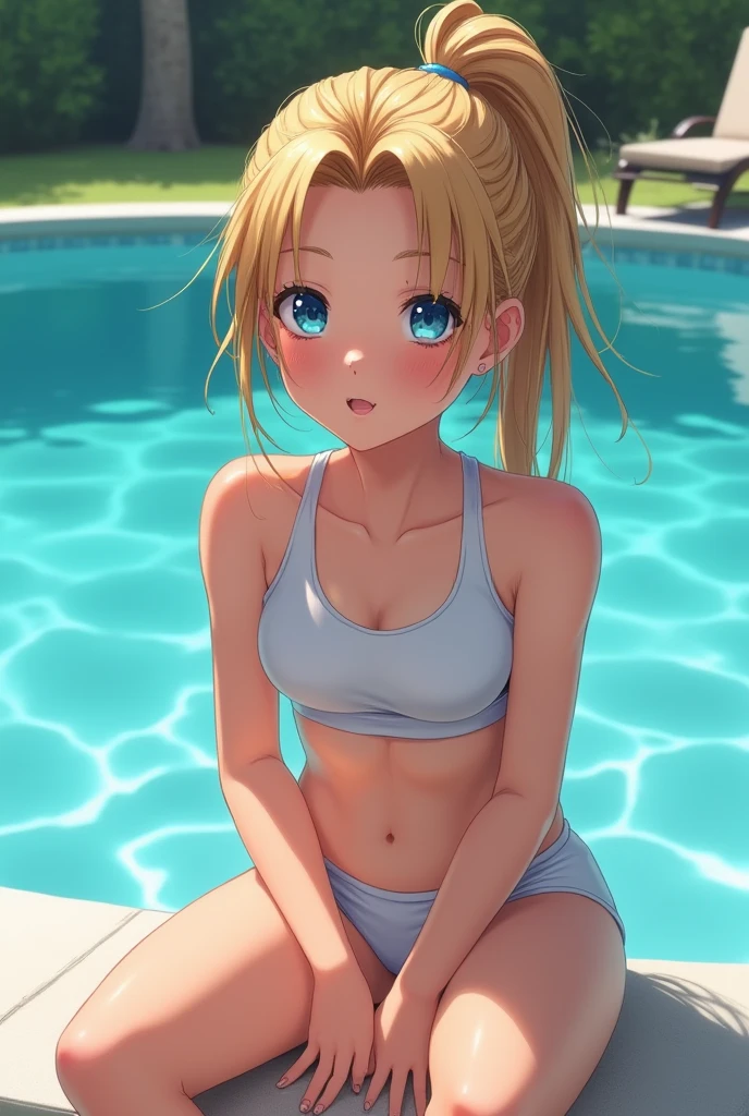 ((best quality)), ((masterpiece)), (detailed), 1 Girl, beautiful girl,12 years old,Smile, Flax hair, blue eyes, Ponytail, White Sports Bra, Sit by the pool and play in the water, Swimwear,beautiful girl, no t-shirt