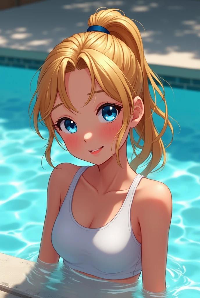 ((best quality)), ((masterpiece)), (detailed), 1 Girl, beautiful girl,12 years old,Smile, Flax hair, blue eyes, Ponytail, White Sports Bra, Sit by the pool and play in the water, Swimwear,beautiful girl, no t-shirt