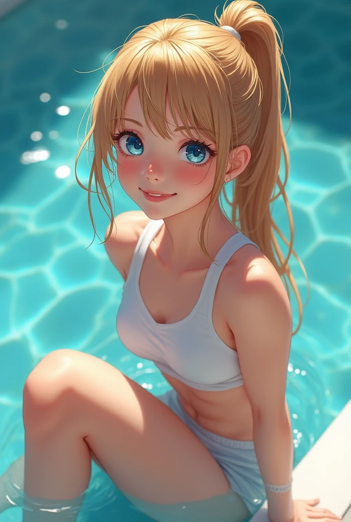 ((best quality)), ((masterpiece)), (detailed), 1 Girl, beautiful girl,12 years old,Smile, Flax hair, blue eyes, Ponytail, White Sports Bra, Sit by the pool and play in the water, Swimwear,beautiful girl, no t-shirt