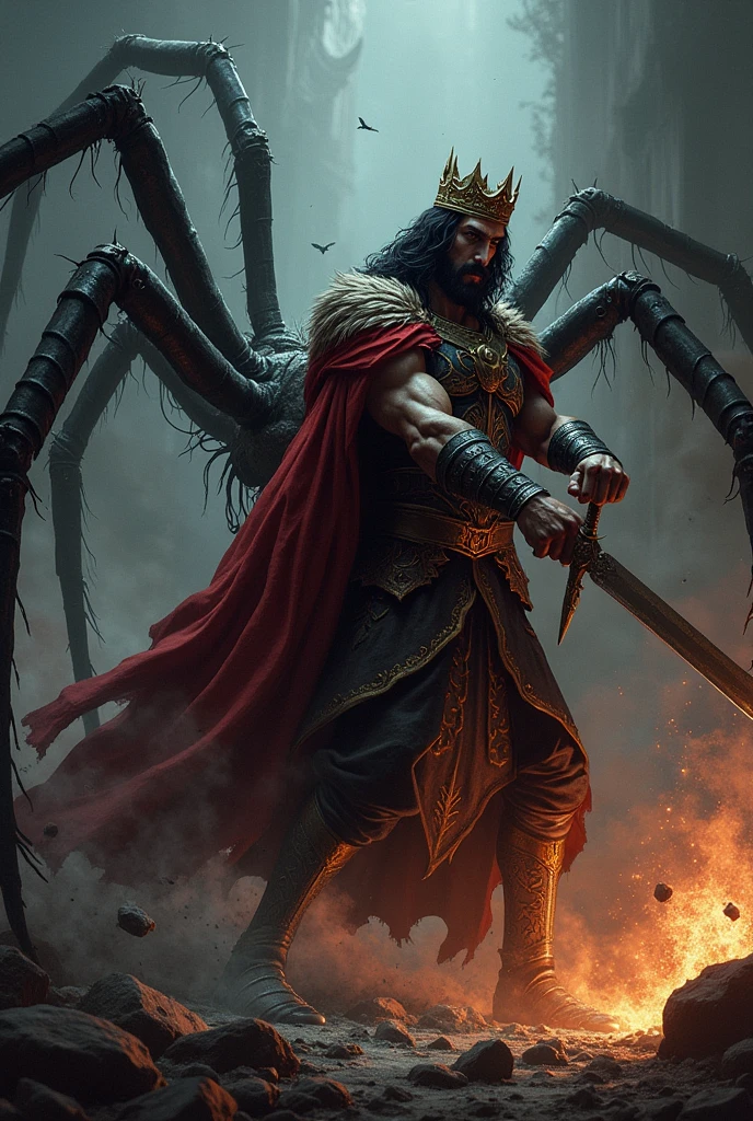 A dark-haired king with a crown and red clothes, fighting a half spider woman queen,  and being brutally killed but in his last breath he killed the spider with his sword