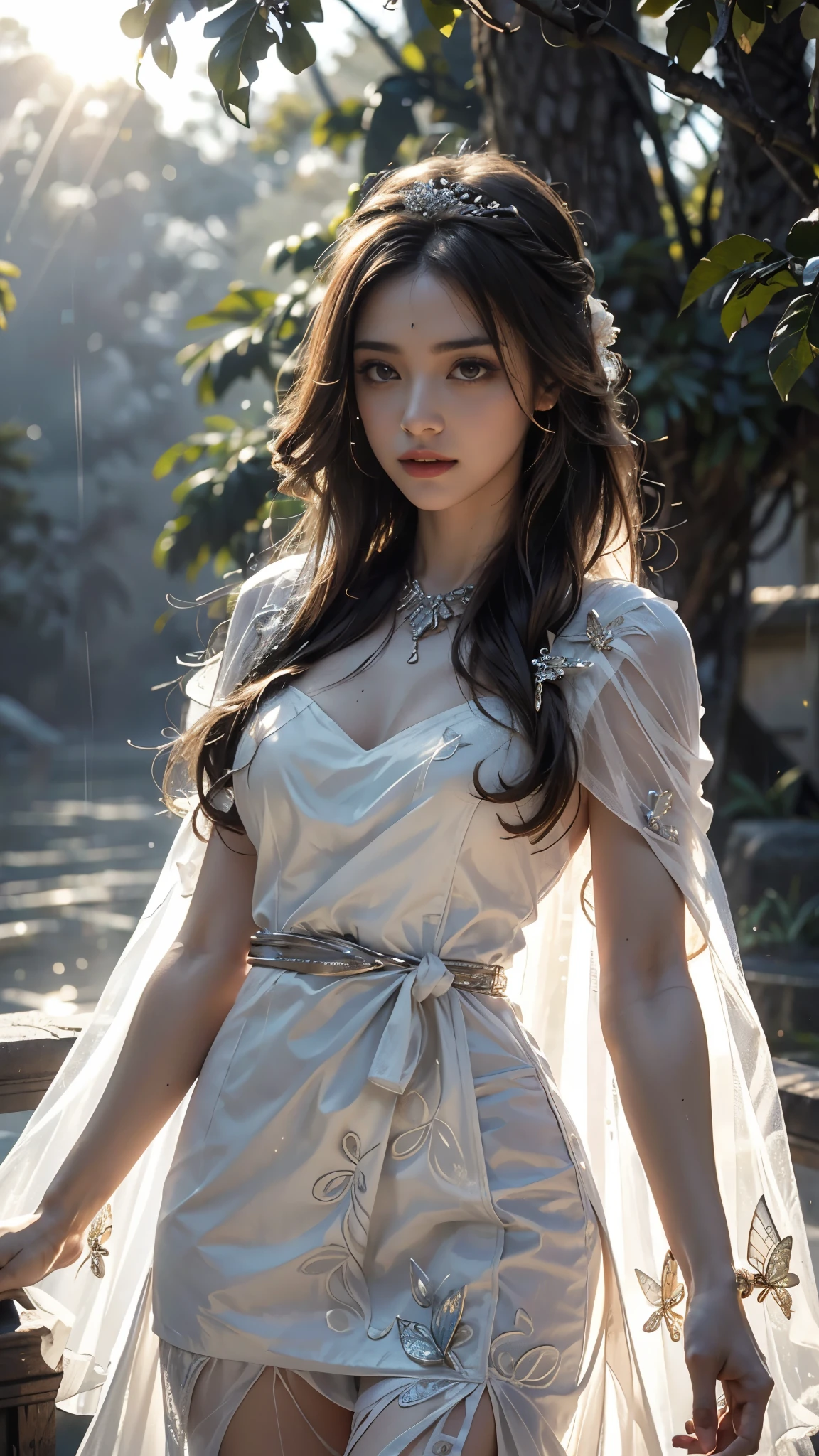 4K, UHD, Masterpiece, 1 girl, good face, detailed eyes, ((very long hair)), bridal hairstyle, butterfly on hair, ornaments, crystal ornaments, jwellery, block print dress, ((white dress)), very detailed dress, strap dress, flowing cape, mesh stocking, cinematic unreal scenery, legendary scenery, rainy weather, wet ground, depth of field, ray tracing, bloom, god rays, lens flare, sun flare, cinematic pose,