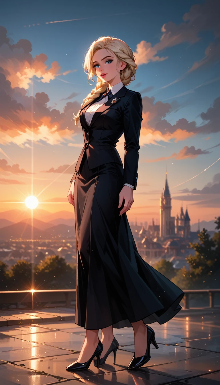 score_9, score_8_up, score_7_up, score_6_up, cinematic film still, 1girl, mature elsa (blonde hair, braid:1.1), black_business_suit, black_high_heels, high power boardroom, (cinematic lighting:1.2),, (sunset:1.2), shallow depth of field, vignette, highly detailed, high budget, bokeh, cinemascope, moody, epic, gorgeous, film grain, grainy.