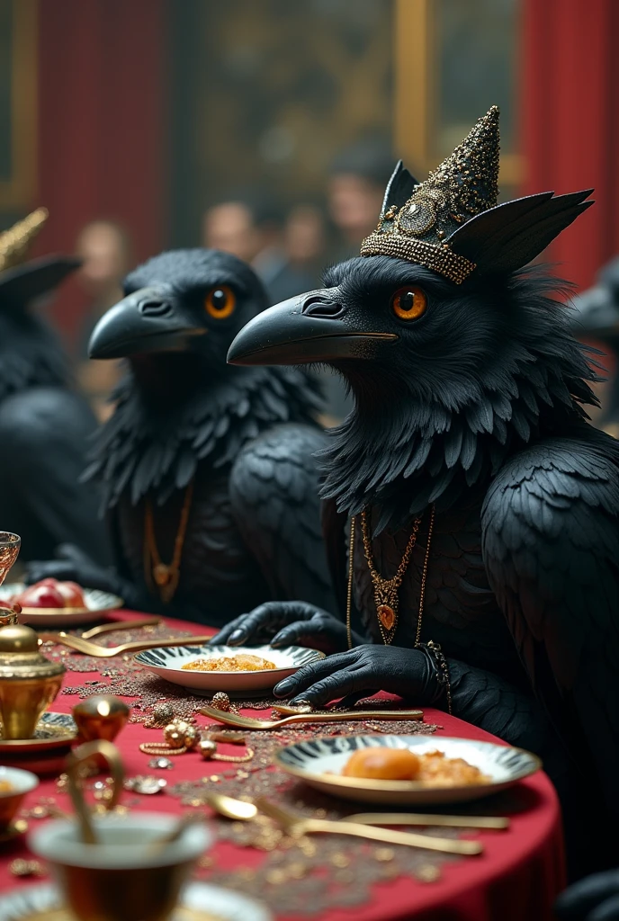Several crows and ravens dressed like people at A really wild and crazy masquerade tea party adorned with copious amounts of shining jewlery and lots of trinkets piled on the table, Gothic, laughter, party, raven, feathers, black,  revelry, dancing, large gathering, anthropomorphic
