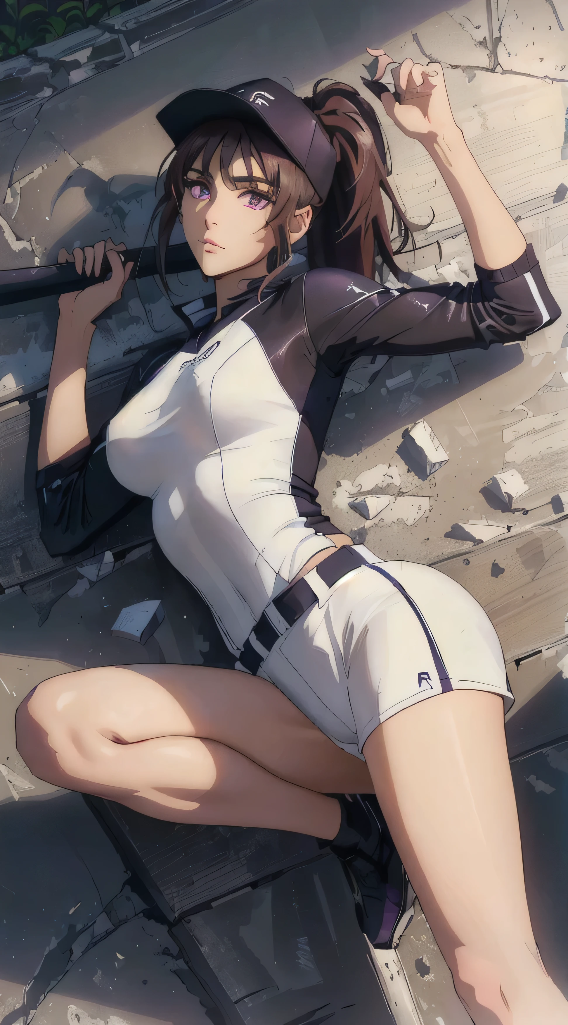 The wallби Хьюга, long hair, knotted low, hair band, The wall, Purple eyes, ponytail, Beautiful, Beautiful woman, perfect body, perfect breasts, wear white baseball clothes, Wearing a baseball cap, on the baseball field, Holding a baseball bat, Looking at the viewer, slight smile, realism, masterpiece, Textured leather, Super Detail, high detail, High quality, Best quality, 1080P, 16 thousand.