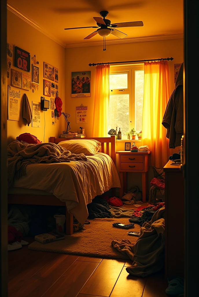TEENAGE bedroom during the day with yellow LED strip with messy bed and clothes on the bed