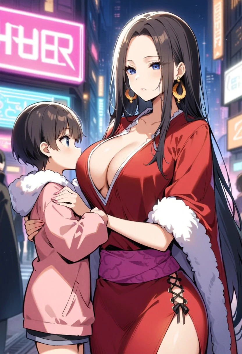 (mother and daughter, age_difference,size_difference), listening to the heartbeat , hugging each other, , masterpiece, best quality, very aesthetic, absurdres, ,boa_hancock(one_piece), black_hair, hime_cut, large_forehead, snake_earrings, blue_eyes, cape, crop_top, frilled_sleeves, frills, jewelry, pink_nails, pink_sash, pink_sleeves, plunging_neckline, red_shirt, red_skirt, side_slit,Cyberpunk City, Street, Night, neon light, neon sign,,blur background,background defocus,