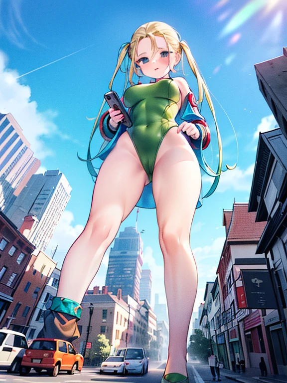 1 girl,Blushing,surprised, crouching, ((((female giant))),Giantess art, Giantess, The girl is 50 meters tall,((Full body shot)), ((Cammy from street fighter)), ((Green leotard)), ((Tight clothrs)), ((cameltoe)), 1 anime girl, ((blonde hair)), standing in the middle of a modern miniature city, towering over buildings,(((Leaning forward))), ((looking to viewer)), ((front footage)), ((large breasts)), ((perfect legs)), ((thick thighs)), bending over modern miniature city,in the middle of a tiny miniature city, a girl taller than buildings, leaning over buildings, ((tiny people under her))