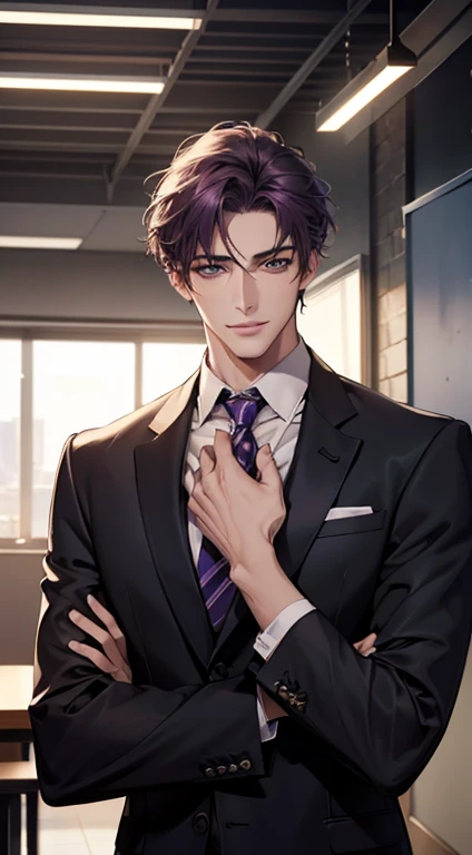 (Highest quality,4K,8K,High resolution,masterpiece:1.2),Super detailed,(Realistic,photoRealistic,photo-Realistic:1.37),1 person,34 years old,Mature Men,Beautiful skin、very handsome,Expressionless smile in love,Short purple hair,green eyes,Sharp Eyes,A perfect face without a doubt,Businessman, CEO, Office Background,Cinema Lighting,HDR image,tie、