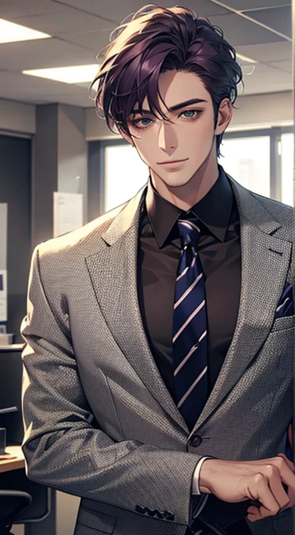 (Highest quality,4K,8K,High resolution,masterpiece:1.2),Super detailed,(Realistic,photoRealistic,photo-Realistic:1.37),1 person,34 years old,Mature Men,Beautiful skin、very handsome,Expressionless smile in love,Short purple hair,green eyes,Sharp Eyes,A perfect face without a doubt,Businessman, CEO, Office Background,Cinema Lighting,HDR image,tie、