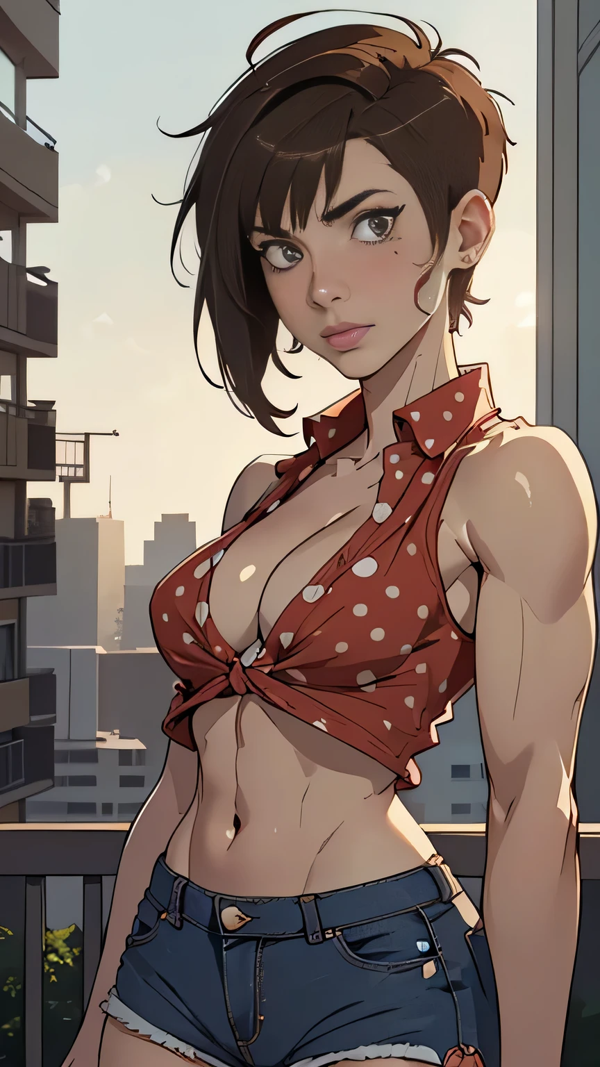 photo of mlp Meowko, RAW, beautiful woman, ((portrait)), ((detailed face:1.2)), ((anime face, anime facial feature, beautiful anime mouth, clear skin, clear skin), (short messy lesbian haircut, one shaved side, brunette: 1.55), (perfect proportioned body, Strong, muscular, narrow waist, narrow hips, skinny, large breasts), ((wearing red polka dot half shirt and cut-off daisy duke jean shorts that are unbuttoned, no underwear)) (high detailed city environment, apartment balcony), (realistic photo, best quality, detailed), (8k wallpaper), (cinematic lighting, beautiful light, (day:1.3)) (sharp focus, intricate)