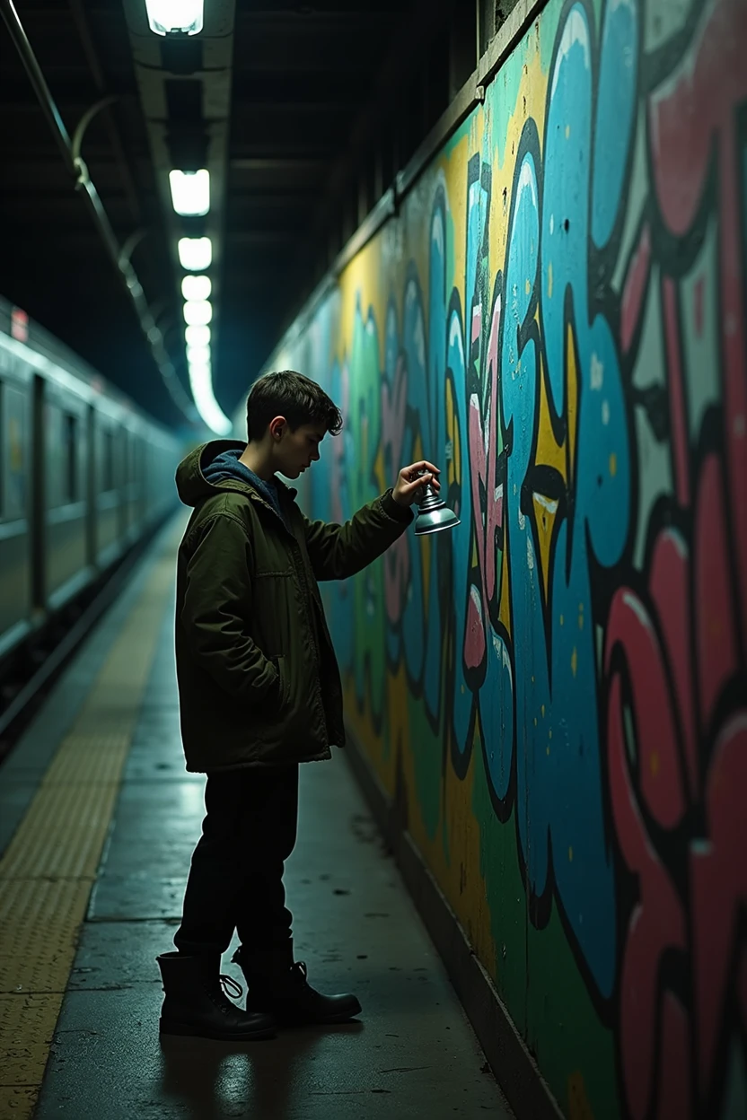Create a mid-close-up scene set in a dimly lit subway. The focus is on a kid spraying graffiti on the subway wall. The dim lighting casts shadows, highlighting the vibrant colors of the graffiti against the gritty, worn walls. The subway environment is urban and slightly grimy, with the dark lights adding a moody atmosphere to the scene