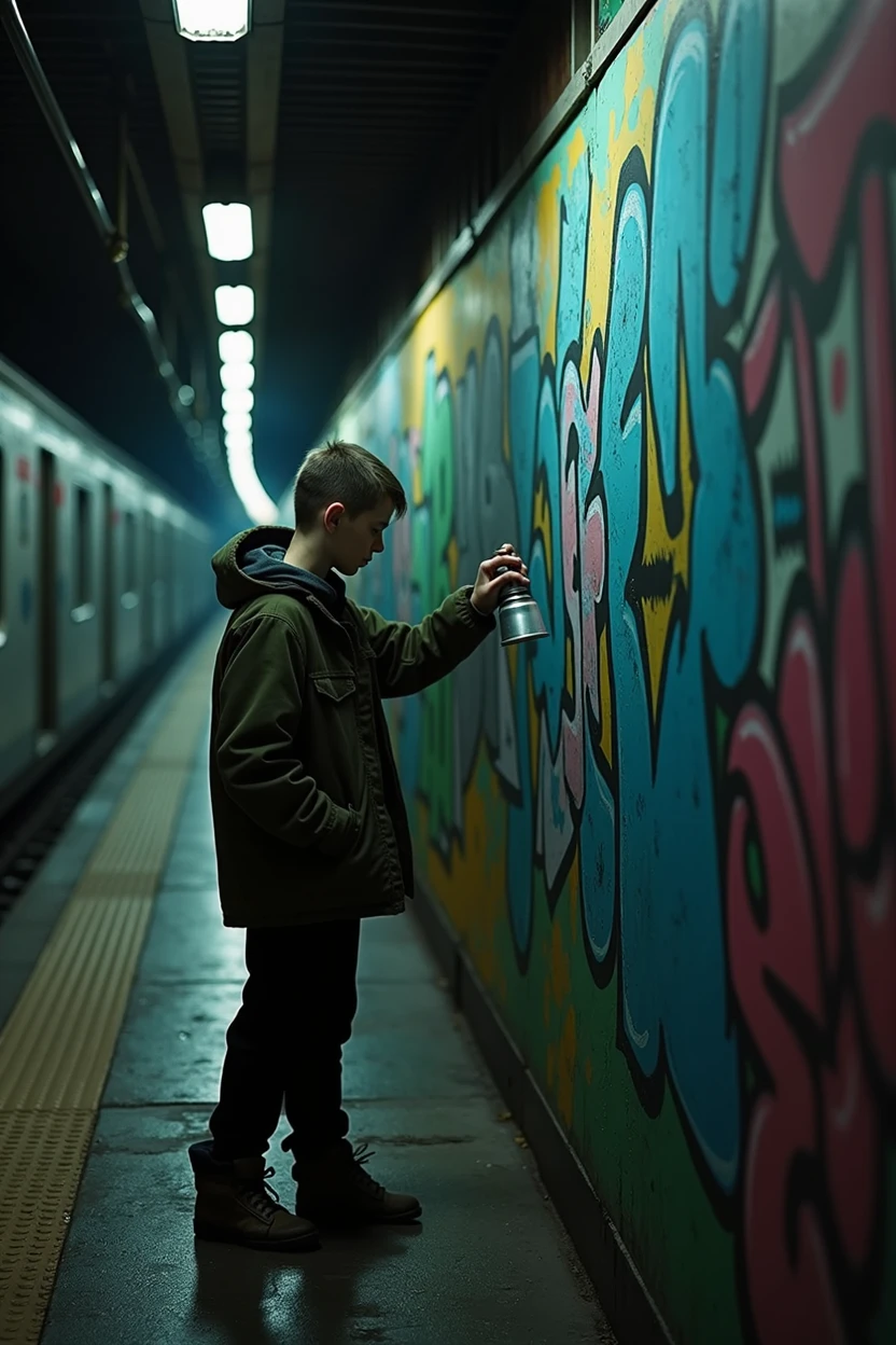 Create a mid-close-up scene set in a dimly lit subway. The focus is on a kid spraying graffiti on the subway wall. The dim lighting casts shadows, highlighting the vibrant colors of the graffiti against the gritty, worn walls. The subway environment is urban and slightly grimy, with the dark lights adding a moody atmosphere to the scene