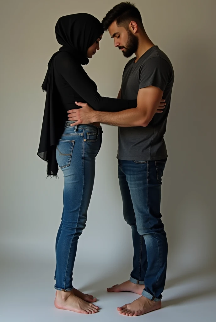 with black headscarf, in jeans, barefoot woman, men are touching below the waist