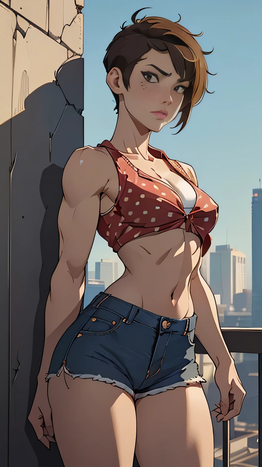 photo of mlp Meowko, RAW, beautiful woman, ((portrait)), ((detailed face:1.2)), ((anime face, anime facial feature, beautiful anime mouth, clear skin, clear skin), (short messy lesbian haircut, one shaved side, brunette: 1.55), (perfect proportioned body, Strong, muscular, narrow waist, narrow hips, skinny, large breasts), ((wearing red polka dot half shirt and cut-off daisy duke jean shorts that are unbuttoned, no underwear)) (high detailed city environment, apartment balcony), (realistic photo, best quality, detailed), (8k wallpaper), (cinematic lighting, beautiful light, (day:1.3)) (sharp focus, intricate)