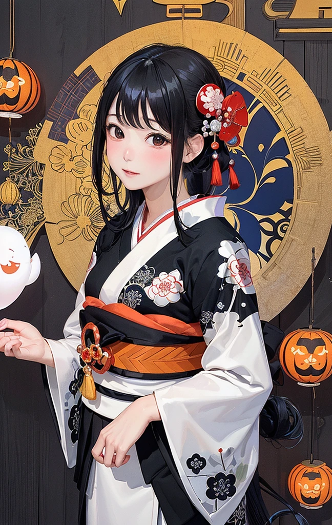 (masuter piece、top-quality、ukiyoe style、Mystical、Beautifully Aesthetic、offcial art、Sharaku:1.2)、(1 girl in:1.3)、(Fractal Art:1.3)、cowboy shot、white and clean skin、(Beautiful black hair、Kimono:1.2)、Traditional performing arts of Japan in the background、highly colorful、(scrollwork、A Japanese style:1.2)、Ghost pumpkin、Halloween