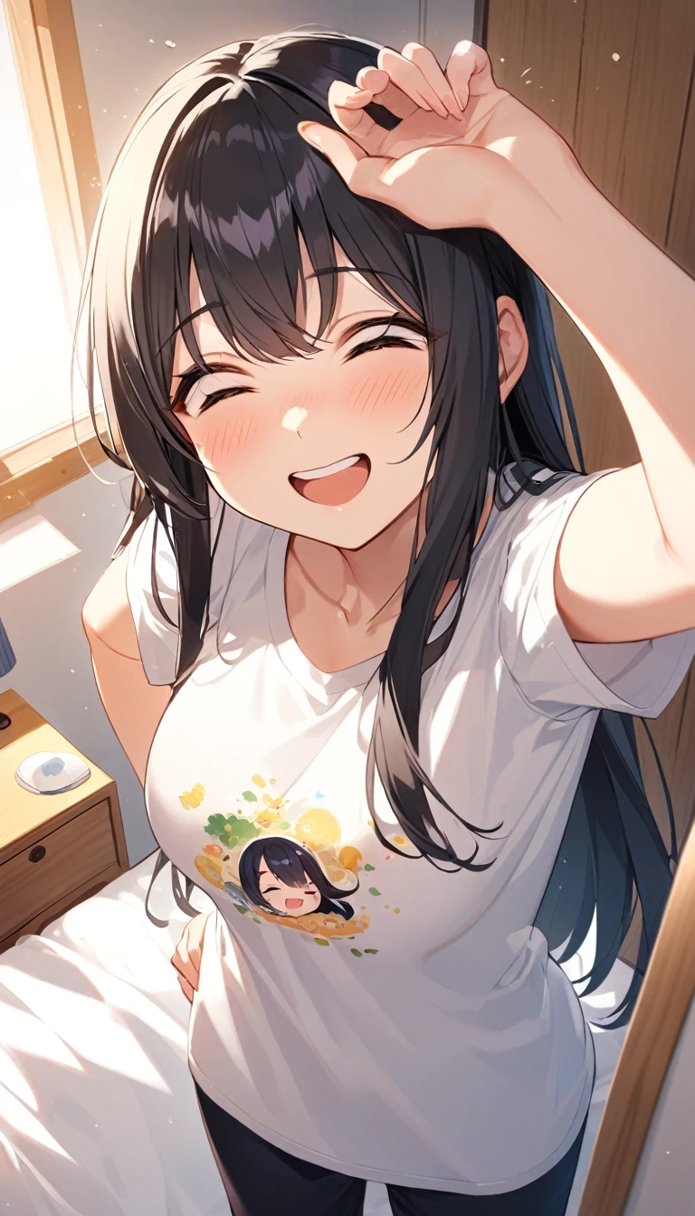 Girl,cute,cute,From above,Chest to head,Look up here,smile,Embarrassed,Straight Hair,Long Hair,Black Hair,morning,sunny,big breast photos,Wink,Raise one arm,Light shines in,Yawn,Long T-shirt,Hands on hips,My Room,Waking up