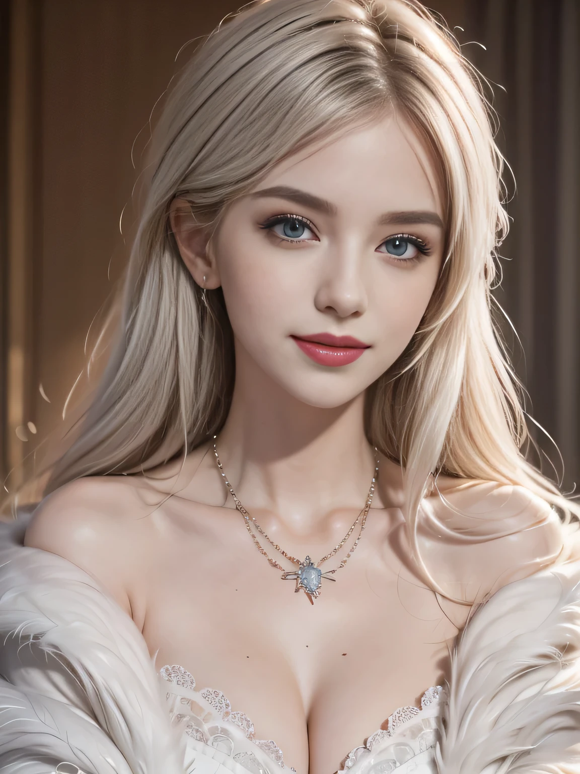 girl, Smile, Delicate skin, White hair, necklace, Elegant collar, Fluffy and silky feather jacket, Heterochromia, beautiful, beautiful, High Detail, best quality, Extremely detailed, Surrealism, Practical, masterpiece, complex, , Hiring