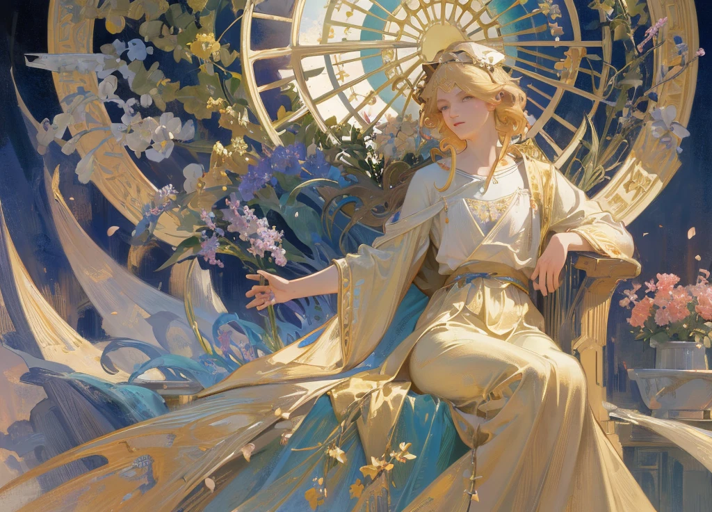 a boy painting in a meadow, второй паень позирует ему голым, flowers, blonde man sitting in a pose from Alphonse Mucha's "The Seasons" painting, detailed art materials, paintbrushes, frames, pencils, paper, composition of easels, designed by nty, solo figure, Yoshitaka Amano character design, satanic, masterpiece, top-quality, highly detailed CG, ultra-detailed, best shadows, dynamic pose, by veron