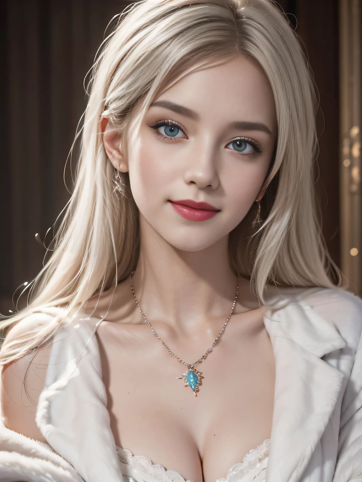 girl, Smile, Delicate skin, White hair, necklace, Elegant collar, Fluffy and silky feather jacket, Heterochromia, beautiful, beautiful, High Detail, best quality, Extremely detailed, Surrealism, Practical, masterpiece, complex, , Hiring