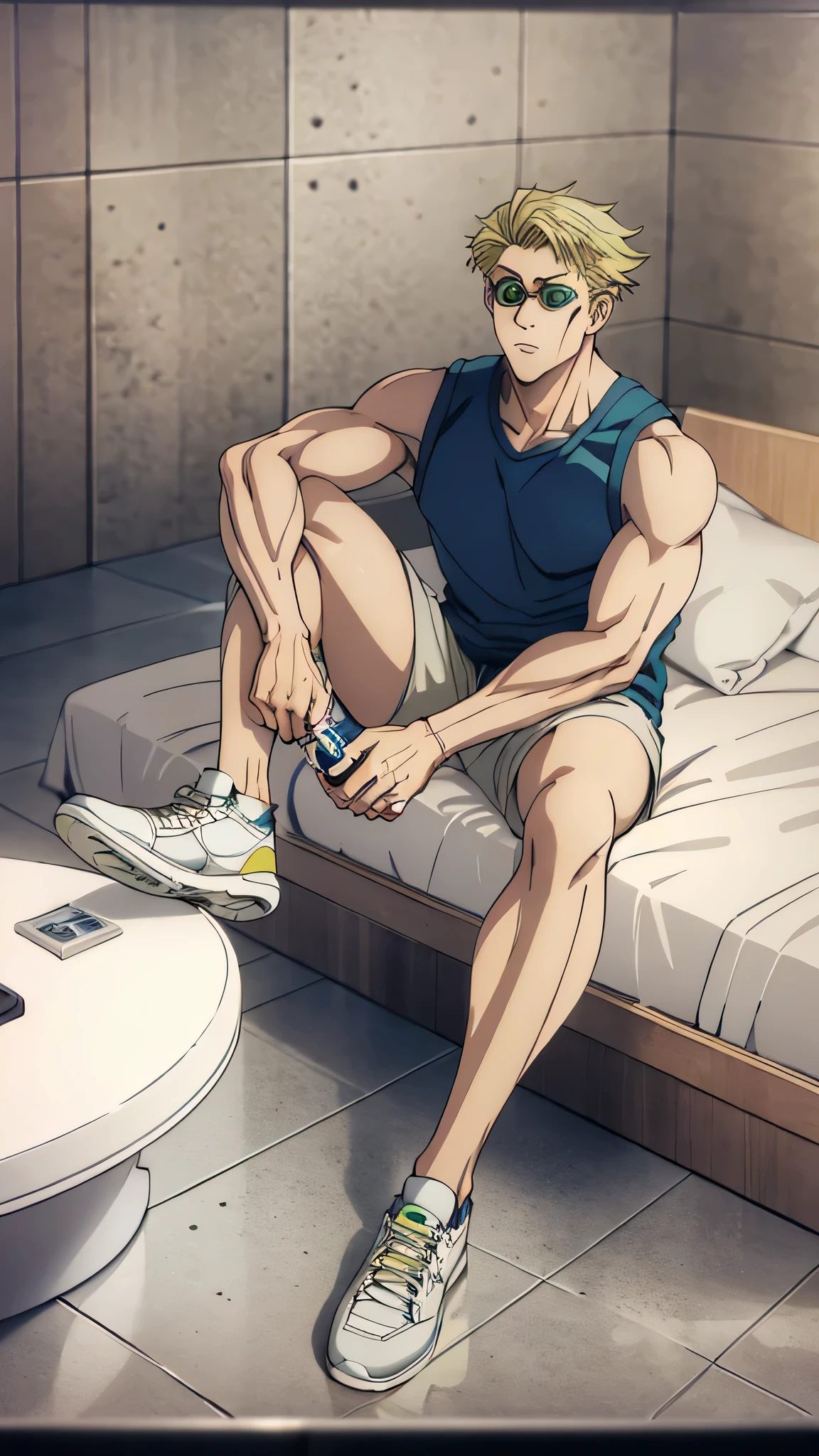 arafed man sitting on a bed with his feet crossed, profile pic, with backdrop of natural light, fit pic, chest legs, wearing a low cut tanktop, ๐น๏ธ ๐ ๐ฌ, wearing tanktop, wearing a tank top and shorts, handsome chad chin, ๐ฅ ๐ ๐น๏ธ ๐ :2, korean muscle boy 2 ((KentoNanami)),masterpiece,highres,high quality,extremely detailed,goggles,tinted eyewear,serious,formal,