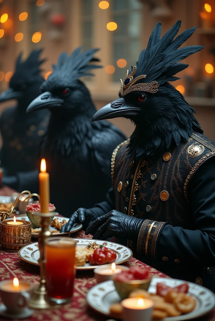 Several crows and ravens dressed like people at A really wild and crazy masquerade tea party adorned with copious amounts of shining jewlery and lots of trinkets piled on the table, Gothic, laughter, party, raven, feathers, black,  revelry, dancing, large gathering, anthropomorphic