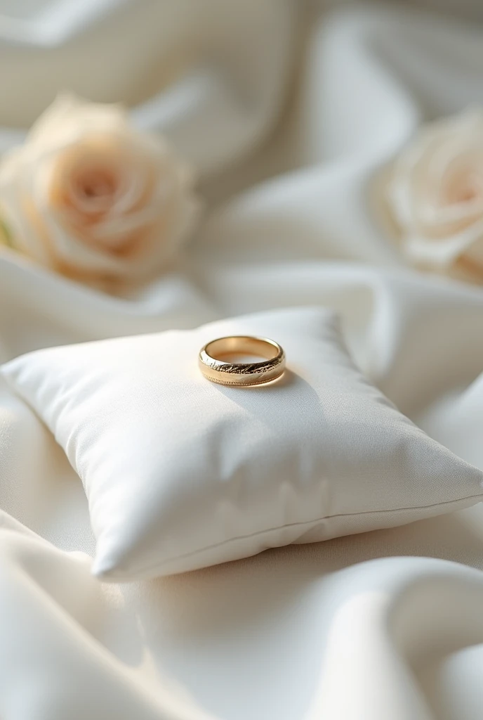 (photorealism:1.2), create a picture of an elegant white wedding ring pillow in position to place the rings in a personalized design, but without the rings