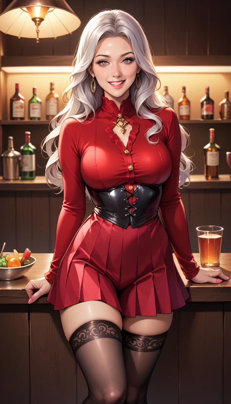 (best quality, ultra-detailed, photorealistic: 1.39), bright and vibrant colors, studio lighting, romantic expression, short red dress, platinum long silver hair, flowing hair, big breasts, fit, Black, pleated high waist skirt, with black fishnet stockings, long-sleeved blouse, mercenary, At the bar, beautiful, sexy smile, face of 19 year old age girl in love