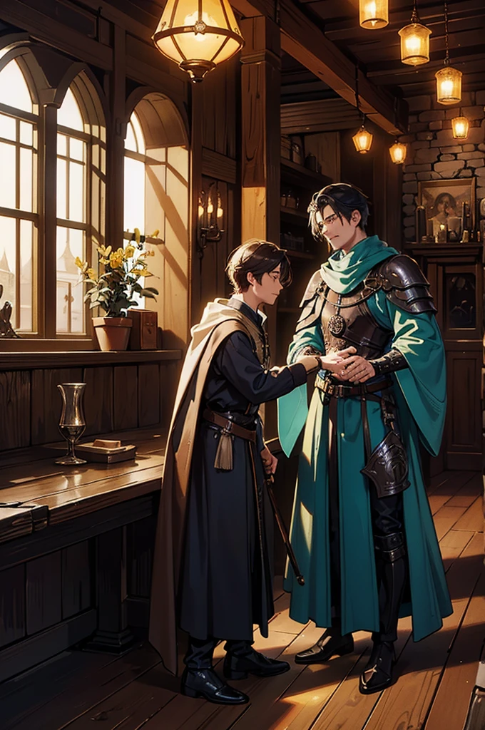 Two male adventurers meet in a bustling medieval tavern with a technological twist. The tavern is built from rustic stone and wood, illuminated by plasma lanterns and holographic interfaces. One adventurer wears leather armor with futuristic metal accents, holding a sword with a tech-infused hilt. The other wears a robe adorned with circuits, holding a staff with a glowing orb. They shake hands at a wooden table, with a digital map floating above it. The room is filled with sages and apprentices, discussing knowledge amidst a warm glow from a magical fireplace and moonlight streaming through windows.