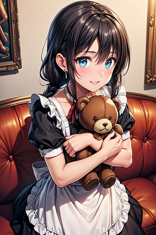 #Basics A girl is posing for a photo, (((One Girl))), (((Baby Face:1.4)) + ((cute:1.4)) + ((15 years old))), 
break 

#Clothing Accessories 
(((白black)Gothic Lolita style maid outfit) : ((elegant)) + ((Dirndl)) + (Gothic Lolita Fashion) + (Dark Gothic Lolita) + (blackのコルセット) + (With a big ribbon(black)head band) + (White apron)), (低デニールblackパンスト:1.4), (blackのハイヒール), ((blackフレームのメガネ)), 
(Blue hoop earrings), 
break 

#Features 
((black髪:1.2)) + ((Center-parted bangs:1.5 + Very long side bangs)) + ((Low Twintails : Long Hair + Thin Hair + Braided Hair)), 
((Droopy eyes:1.4, Big eyes:1.2), blue eyes), (Neutral facial features), 
break 

#background environment 
((noon, A reception room in a large Western-style building)), 
#Facial Expression Pose  
(smile, blush), (Hug a teddy bear:1.4, Sit on the sofa), 
#composition 
(Look into the camera), ((Character Focus), (Angle from the front), (Cowboy Shot)), 
break 

#Body parts elements 
(Slim figure), 
(Symmetrical facial features), 
(Detailed Hair, Beautiful Hair, Shiny Hair), 
(double eyelid, Long eyelashes, Thin eyebrows:0.5, Thin eyebrows:0.5), 
(Expression of fine eyes, Beautiful and delicate eyes, Sparkling eyes, Eye Reflexes, Glitter Eyeliner), 
(Human Ear), 
(Beautiful Nose, Thin Nose), 
(Glossy Lips, Beautiful Lips, Thick lips), 
(Detailed skin, Textured skin, Beautiful Skin, Oily skin), 
break 

#Quality Image Quality Common 
(((Highest quality)), ((masterpiece:1.3)), ((Very detailed))), ((Ultra-high resolution)), ((16K, 1080P)), ((Full HD)), 
(Anatomically correct), (Realistic), (3DCG), (Oil painting), 
((comics, anime)), (CG illustration), (RAW Photos), 
