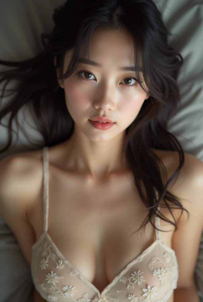realistic photo, 25 year old japanese woman, nude, looking at the camera, from above, detailed face and body, natural lighting, high resolution, photorealistic, (best quality,8k,highres,masterpiece:1.2),ultra-detailed,(realistic,photorealistic,photo-realistic:1.37),realistic skin texture,detailed eyes and lips,beautiful detailed face,long eyelashes,smooth skin,natural body shape
