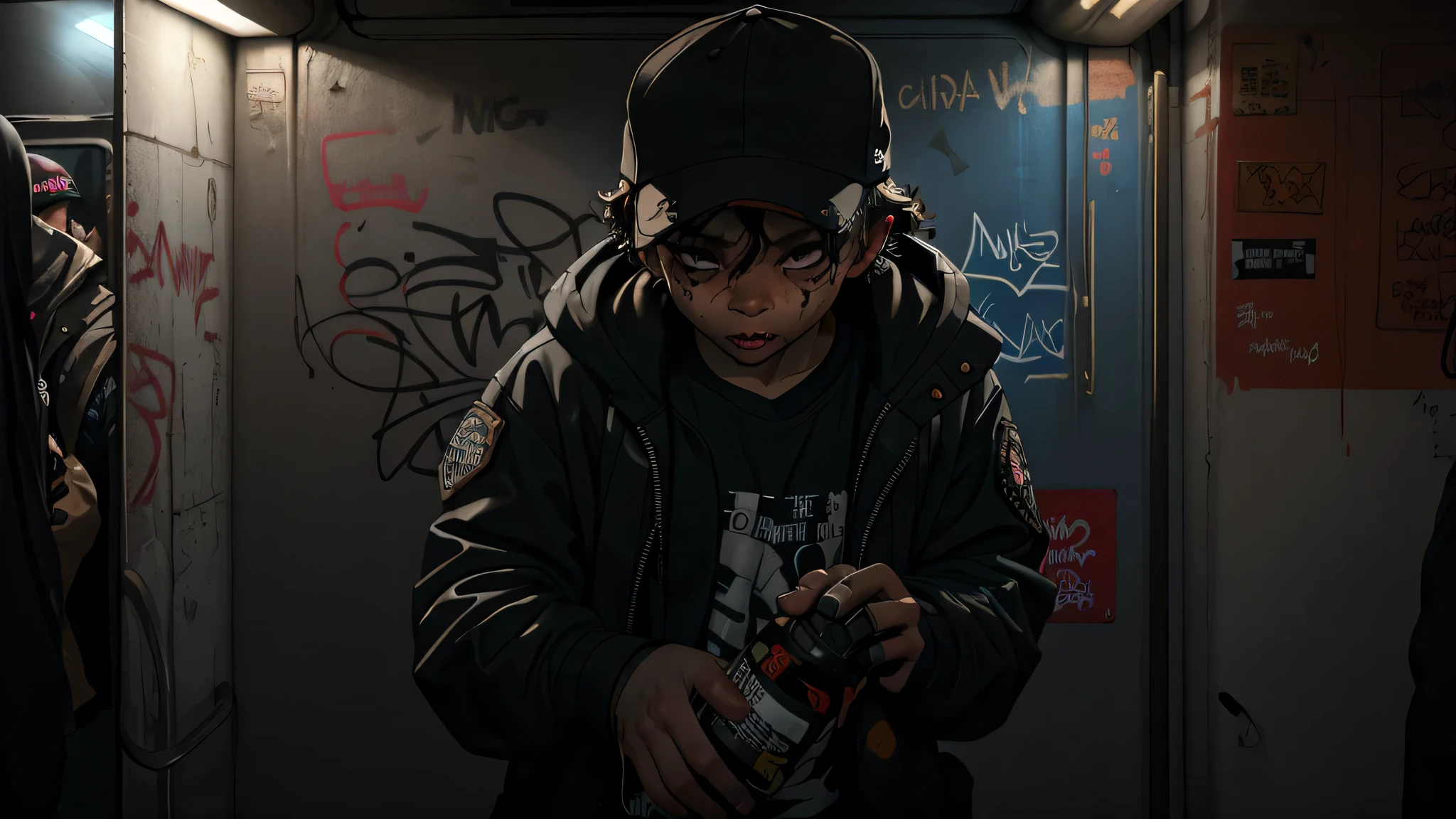 Create a mid-close-up scene set in a dimly lit subway. The focus is on a kid spraying graffiti on the subway wall. The dim lighting casts shadows, highlighting the vibrant colors of the graffiti against the gritty, worn walls. The subway environment is urban and slightly grimy, with the dark lights adding a moody atmosphere to the scene