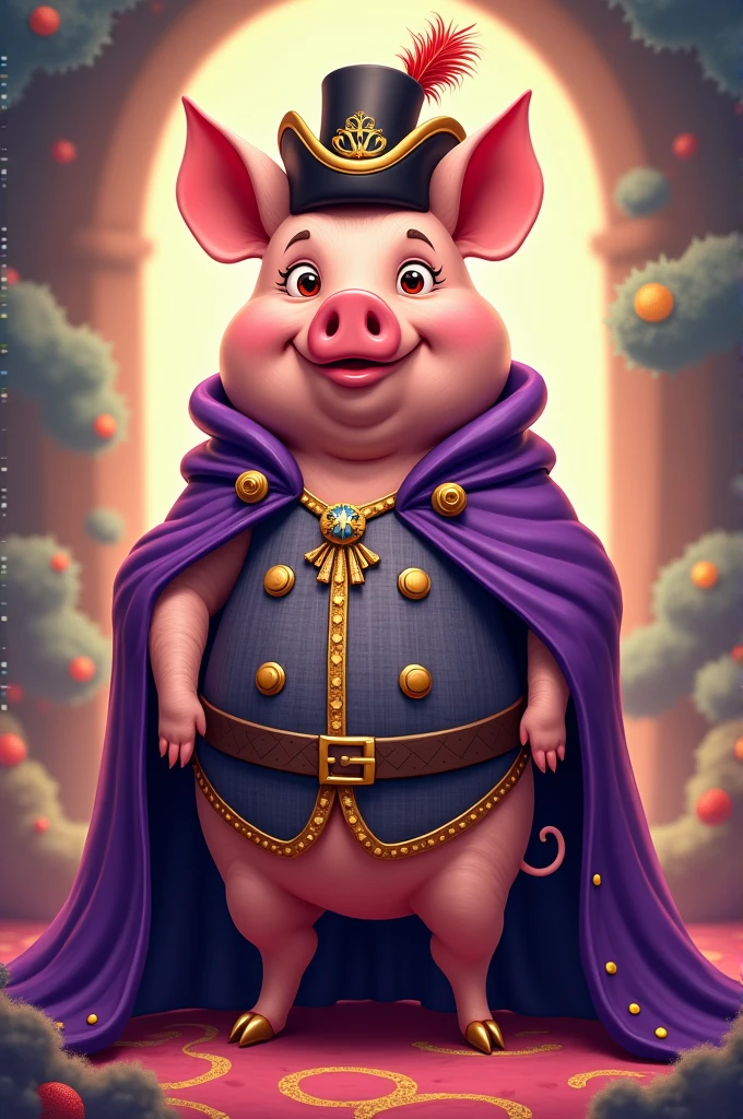 a pig in purple king clothes and black hat.cartoon style