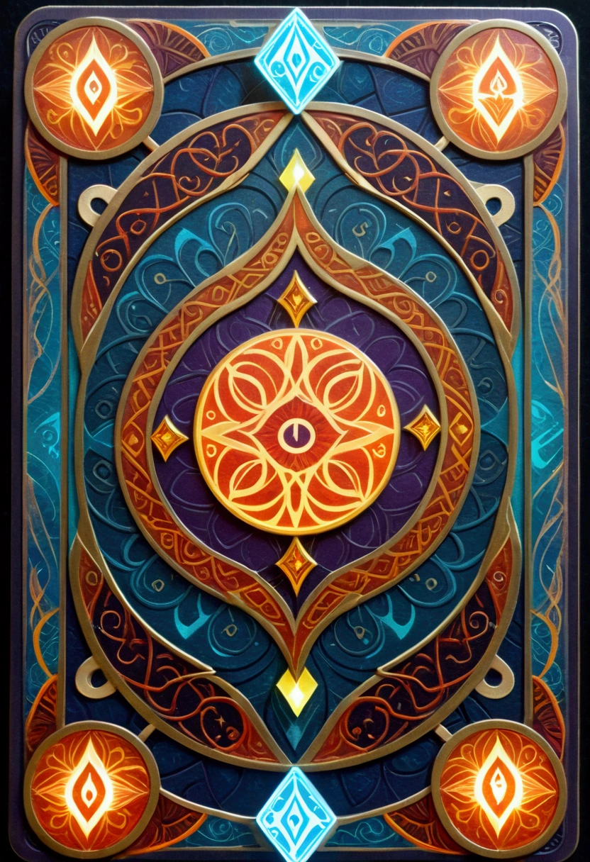 MTG, CCG, TCG, Card Game design, Dixit Card Generator page, a detailed fantasy card game, One playing card, playing card with intricate patterns and designs, detailed magical runes and symbols on card, fantasy kingdom, colorful glowing, dramatic lighting, intricate details, 8k, high quality, masterpiece, best quality, very aesthetic, absurdres