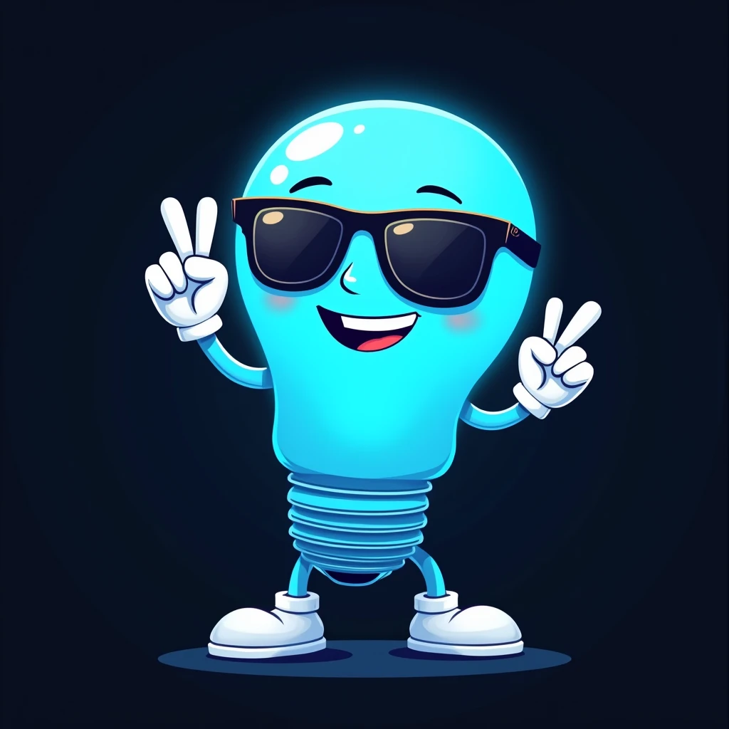 Blue cartoon light bulb wearing sunglasses, with white arms and legs, In his hands he has white gloves, makes the loser sign with one hand, He is smiling, In the background there is a flat black color, Mascot illustration, toonix character, cartoon vector style, character walking with style, telegram label design, Black and cyan color scheme, simple cartoon style, tendency in dribbling.pet com, cold face, 2D flat vector art
