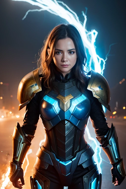 4K, Masterpiece, highres, absurdres,, edgThunderstruck, a woman with a blue and gold armor ,wearing edgThunderstruck_armor, electrified, weilding thunder,  