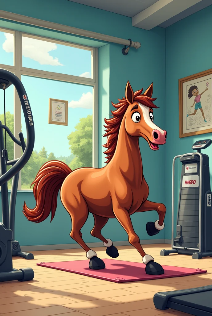 A cartoon horse on a gym, make in out.