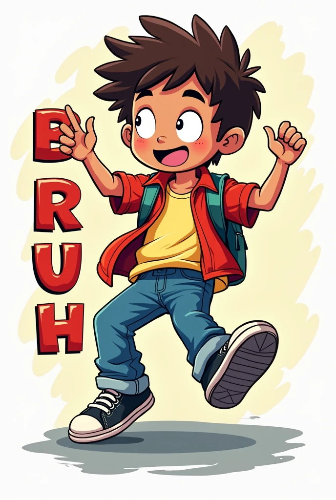 A playful and fun t-shirt design, featuring a young boy dabbing in second grade doing the dab dance move. The boy is illustrated in a cartoon style, wearing casual school clothes, and has a confident expression. The word ‘Bruh’ is prominently displayed in a bold, fun font, integrated into the design with vibrant colors. The overall style is modern and cool, appealing to kids, with a touch of humor and trendiness. The background should be simple, allowing the design to stand out clearly on the t-shirt