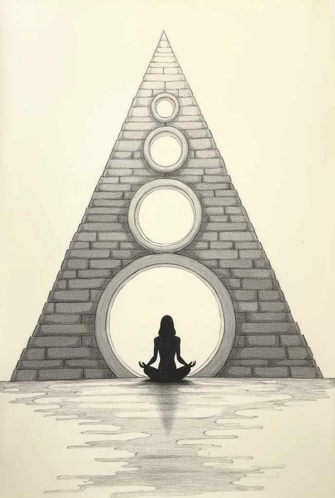 A drawing on a sheet of paper of a large pyramid with three circles inside, where the first is on top, the other below is a smaller circle and above the largest below, with the outline of a person meditating in the middle of the largest circle. 