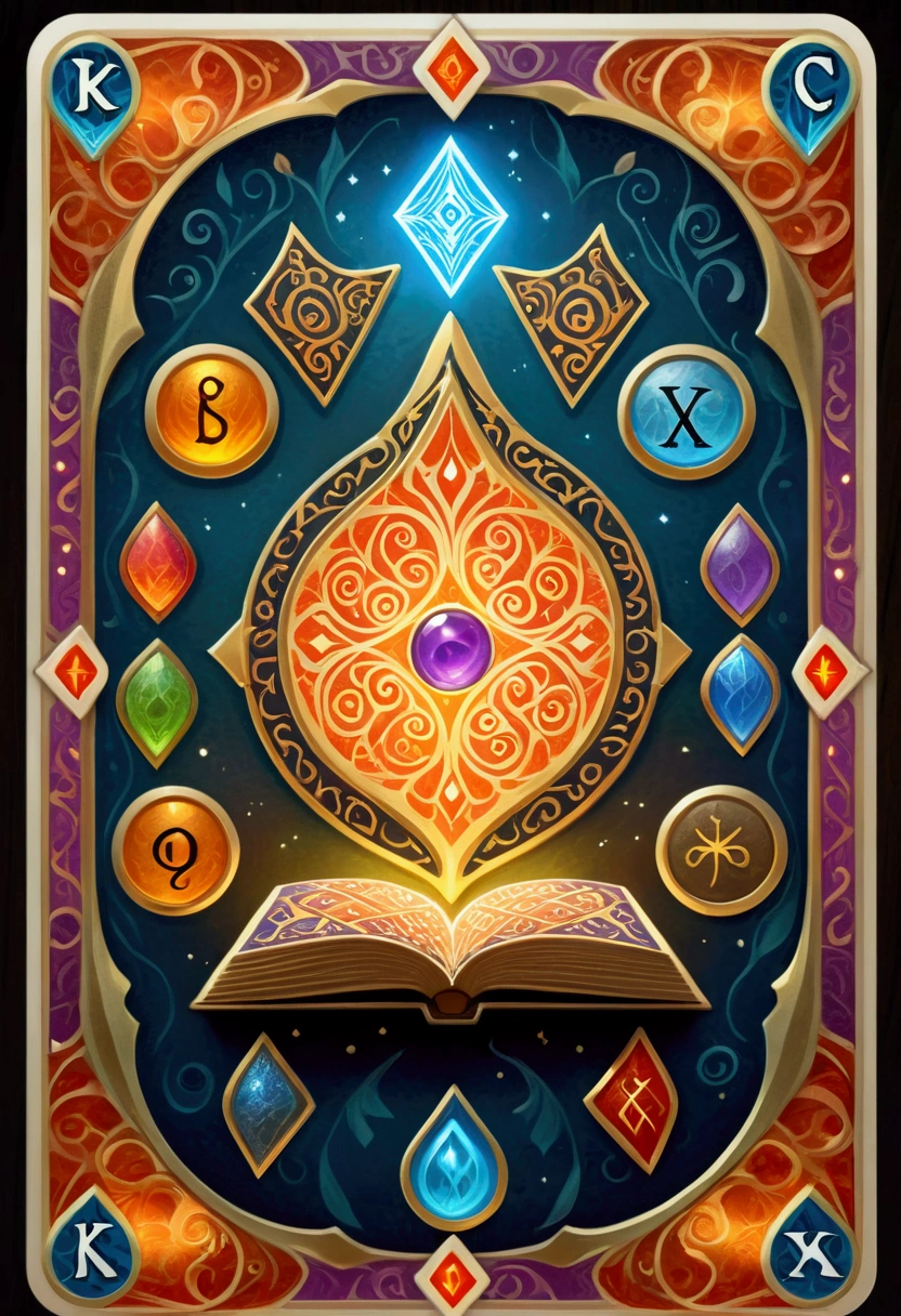 MTG, CCG, TCG, Card Game design, Dixit Card Generator page, a detailed fantasy card game, One playing card, playing card with intricate patterns and designs, detailed magical runes and symbols on card, fantasy kingdom, colorful glowing, dramatic lighting, intricate details, 8k, high quality, masterpiece, best quality, very aesthetic, absurdres