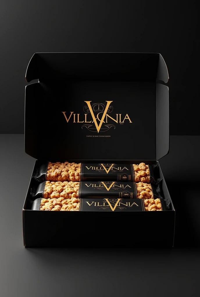 Create an open black box, inside it, place cereal bars with black and gold packaging, written Villania in the font (saloon). Put another logo with (2 V)