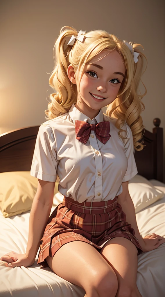 (masterpiece, best quality),1girl smiling with Blonde curly hair twin tails sitting in a bed of her bedroom in front of her bedroom, warm lighting, blurry foreground, plaid short skirt, a white blouse with a loose bow tie, 18 yo, small breasts, very cute