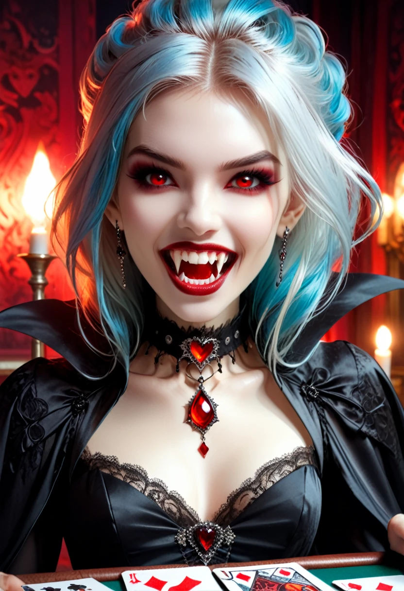 a portrait of a vampire playing poker game of cards, holding cards ((cards not shown:1.5)) blood dripping from the cards dripping blood, an exquisite beautiful vampire, goth vampire, ((dynamic hair color: 1.5)), white pale skin, some blood veins are seen on the skin, red lips, red eyes, glowing eyes, wearing goth dress, silk dress, there are diamonds on the dress, earing a choker studded with a red diamond, ((vampire fangs:1.5)), she sits near a poker table in a dark fantasy room, there is a playing table, torch light,  vibrant, Ultra-high resolution, High Contrast, (masterpiece:1.5), highest quality, Best aesthetics), best details, best quality, highres, ultra wide angle, 16k, [ultra detailed], masterpiece, best quality, (extremely detailed: 1.5), vampire fangs, NRART