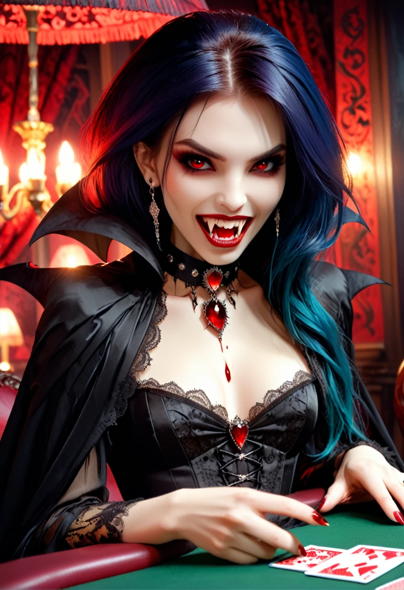 a portrait of a vampire playing poker game of cards, holding cards ((cards not shown:1.5)) blood dripping from the cards dripping blood, an exquisite beautiful vampire, goth vampire, ((dynamic hair color: 1.5)), white pale skin, some blood veins are seen on the skin, red lips, red eyes, glowing eyes, wearing goth dress, silk dress, there are diamonds on the dress, earing a choker studded with a red diamond, ((vampire fangs:1.5)), she sits near a poker table in a dark fantasy room, there is a playing table, torch light,  vibrant, Ultra-high resolution, High Contrast, (masterpiece:1.5), highest quality, Best aesthetics), best details, best quality, highres, ultra wide angle, 16k, [ultra detailed], masterpiece, best quality, (extremely detailed: 1.5), vampire fangs, NRART