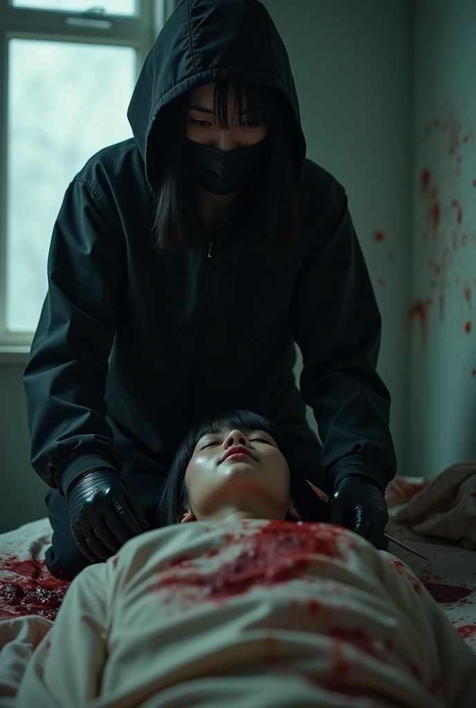 korean girl, (behind corpse, holding knife), black surgical mask, black gloves, room full of blood, black raincoat, hood up, holding knife, black gloves, woman on top, behind corpse, blood splatter, on the bed, mass murderer, killer, long bangs, blood splatter, dark atmosphere, cinematic lighting, atmospheric realistic, light from the window, close-up,