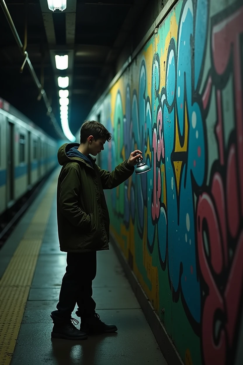 Create a mid-close-up scene set in a dimly lit subway. The focus is on a kid spraying graffiti on the subway wall. The dim lighting casts shadows, highlighting the vibrant colors of the graffiti against the gritty, worn walls. The subway environment is urban and slightly grimy, with the dark lights adding a moody atmosphere to the scene