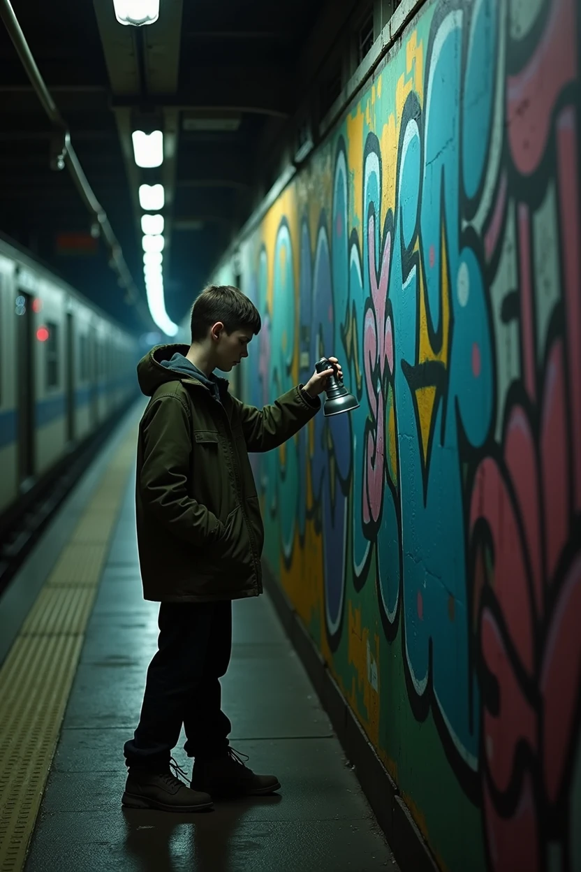 Create a mid-close-up scene set in a dimly lit subway. The focus is on a kid spraying graffiti on the subway wall. The dim lighting casts shadows, highlighting the vibrant colors of the graffiti against the gritty, worn walls. The subway environment is urban and slightly grimy, with the dark lights adding a moody atmosphere to the scene