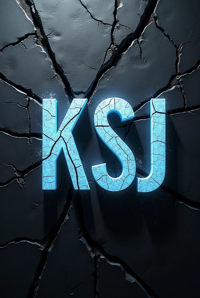 Create an image with a cracked stone background and black letters cracked with sunlight and the outline of these is white neon and the letters are "KSJ"