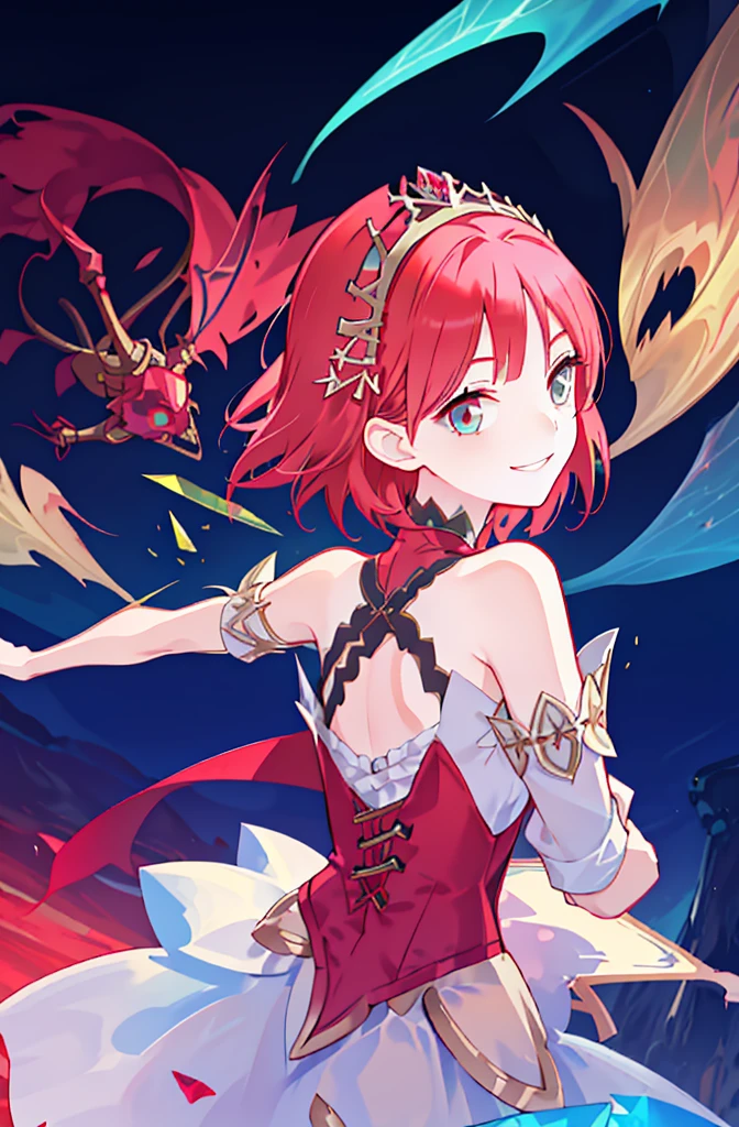 Upper body Esbian，Complex hairstyles，gem,((Red Short Hair)), girl,((Shoulders and arms are exposed)),((Wicked Smile)),Wicked Smile,Wicked Smile,((detailed background)),