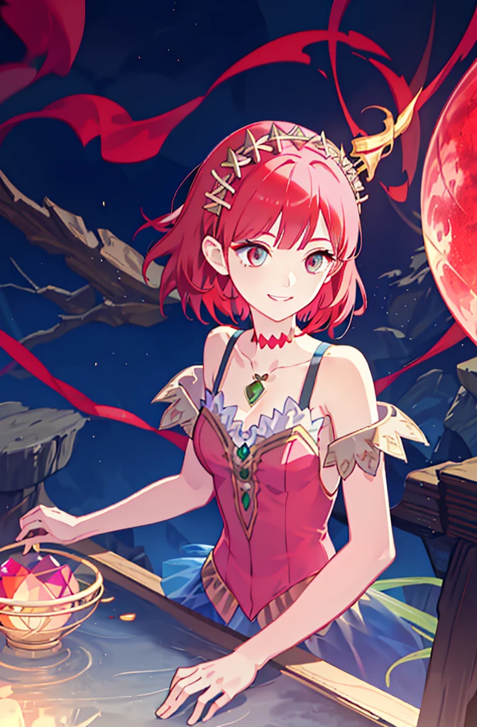 Upper body Esbian，Complex hairstyles，gem,((Red Short Hair)), girl,((Shoulders and arms are exposed)),((Wicked Smile)),Wicked Smile,Wicked Smile,((detailed background)),