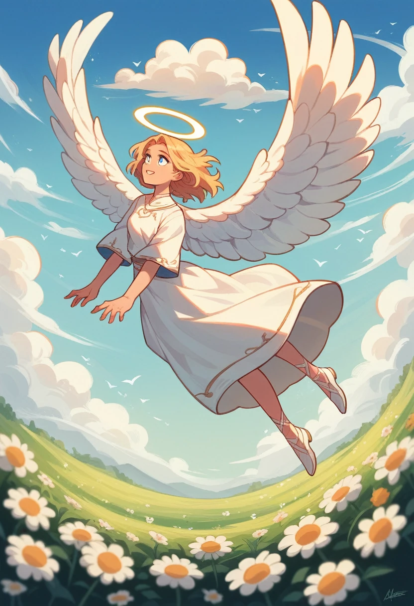 day.blue sky,angels are flying nearby in white robes. there is a girl in the middle.like from the 20th century, soft,pretty,herself.like a heavenly angel,There are flowers of different colors on the mountain: field reds,blue,White daisies.cornflowers